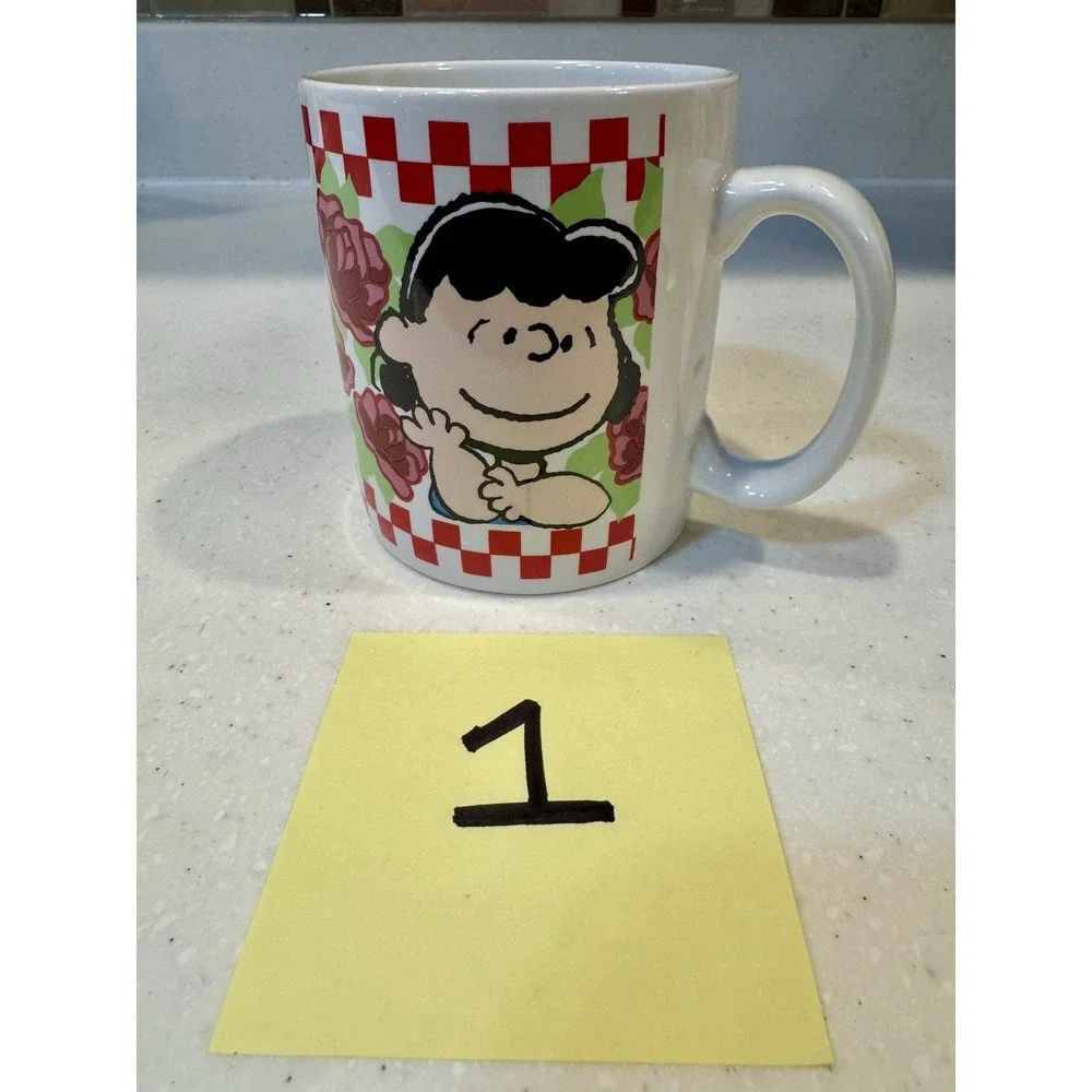 Set Of 4 Benjamin & Medwin Peanuts Gang Coffee Tea Mugs Cups Red White Check - Picture 4 of 15